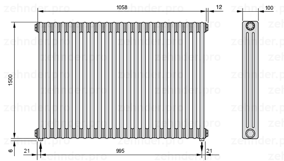 Схема (чертеж) Радиатор Zehnder Charleston 3150/23 №3570 Белый глянцевый RAL 9016